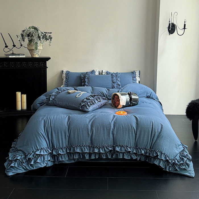 缘生活 2025新款加厚水洗棉双层荷叶边四件套 双层荷叶边牛仔蓝