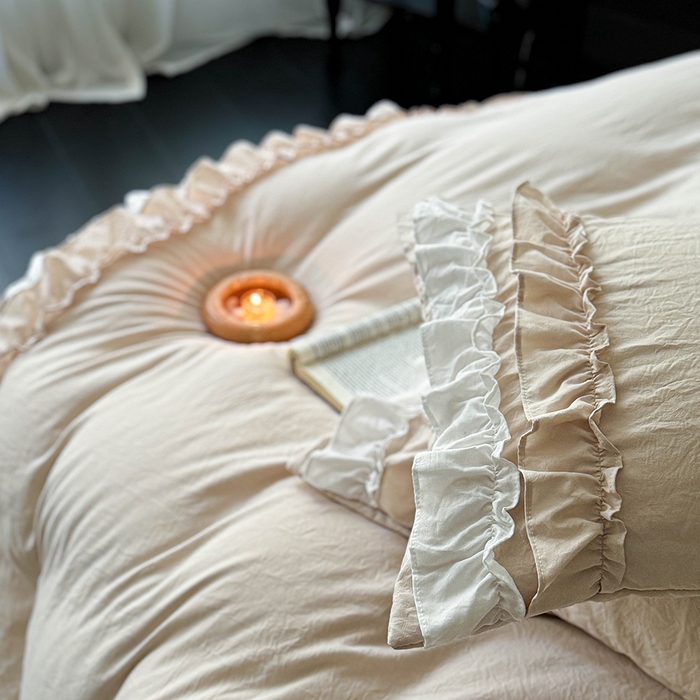 91家纺网 家纺一手货源 找家纺 缘生活 2025新款加厚水洗棉双层荷叶边四件套 双层荷叶边-卡其白