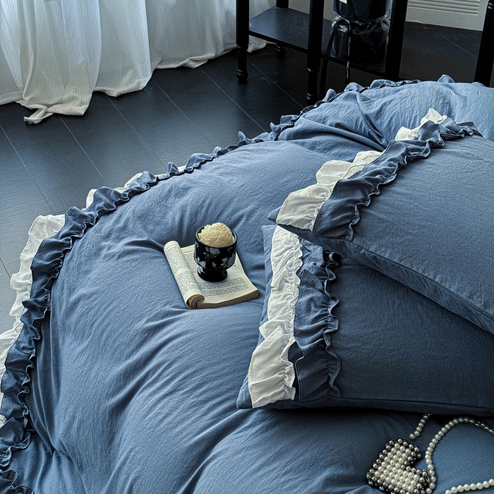 91家纺网 家纺一手货源 找家纺 缘生活 2025新款加厚水洗棉双层荷叶边四件套 双层荷叶边-蓝白