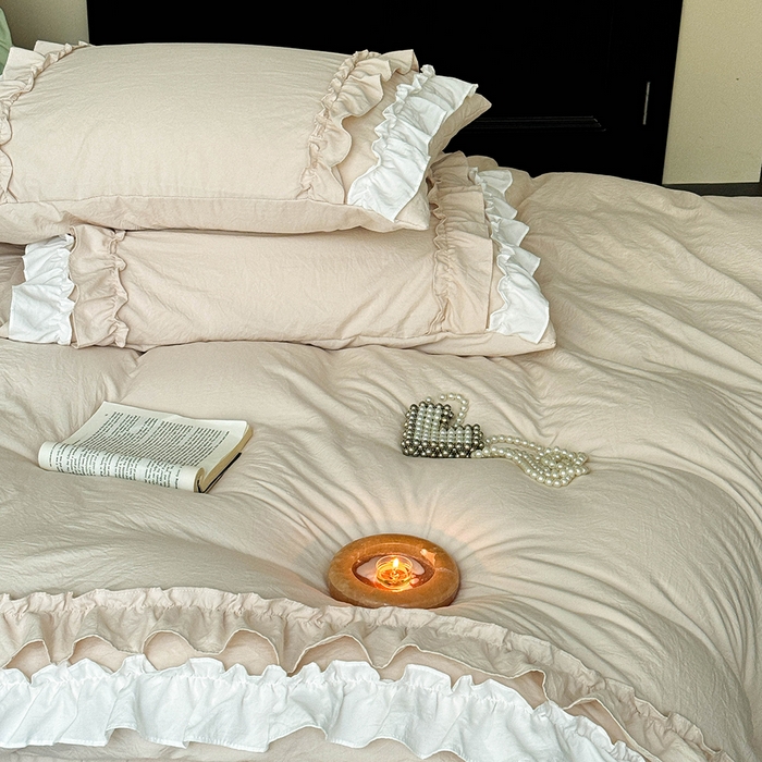 91家纺网 家纺一手货源 找家纺 缘生活 2025新款加厚水洗棉双层荷叶边四件套 双层荷叶边-卡其白