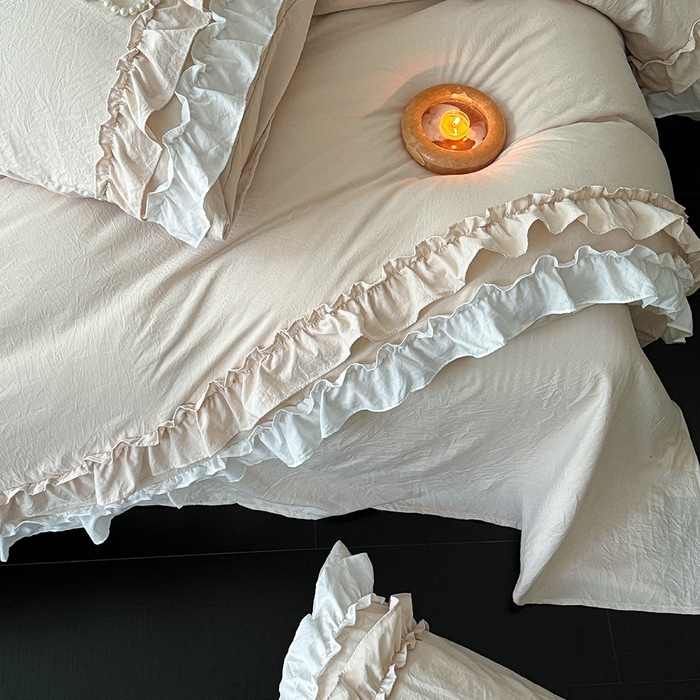 91家纺网 家纺一手货源 找家纺 缘生活 2025新款加厚水洗棉双层荷叶边四件套 双层荷叶边-卡其白