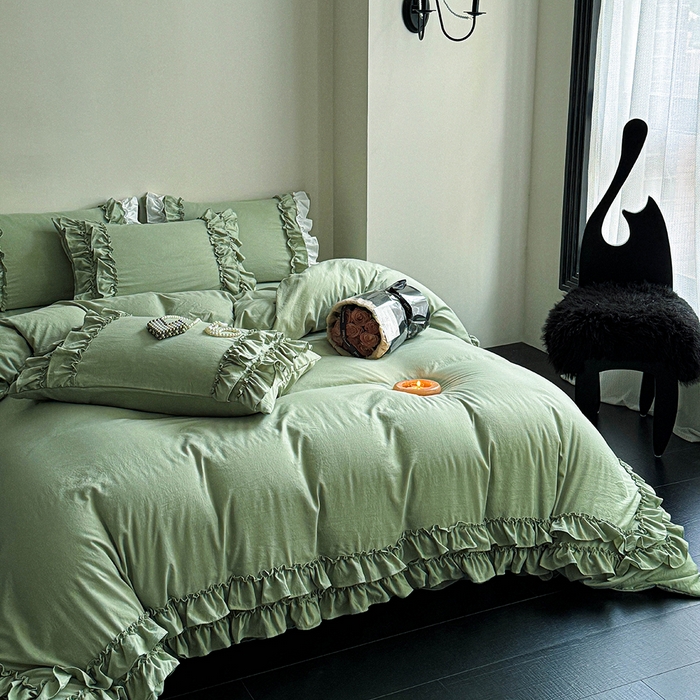 91家纺网 家纺一手货源 找家纺 缘生活 2025新款加厚水洗棉双层荷叶边四件套 双层荷叶边抹茶绿