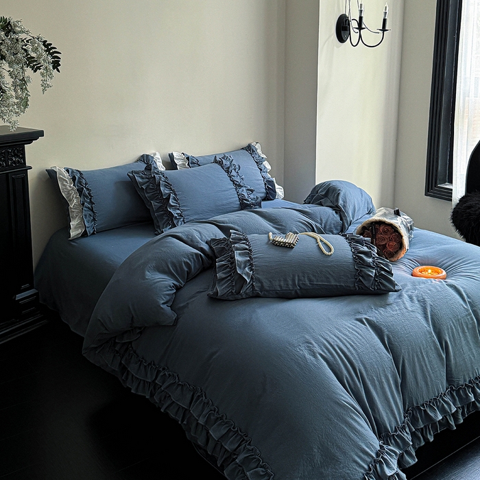 91家纺网 家纺一手货源 找家纺 缘生活 2025新款加厚水洗棉双层荷叶边四件套 双层荷叶边牛仔蓝