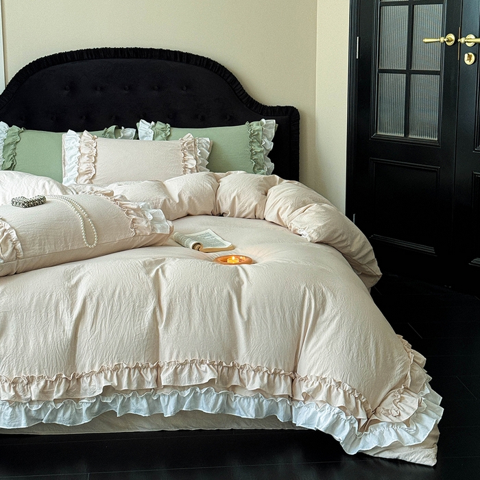 91家纺网 家纺一手货源 找家纺 缘生活 2025新款加厚水洗棉双层荷叶边四件套 双层荷叶边-卡其白