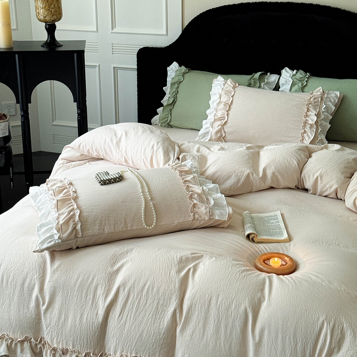 91家纺网 家纺一手货源 找家纺 缘生活 2025新款加厚水洗棉双层荷叶边四件套 双层荷叶边-卡其白