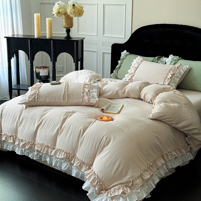 91家纺网 家纺一手货源 找家纺 缘生活 2025新款加厚水洗棉双层荷叶边四件套 双层荷叶边-卡其白