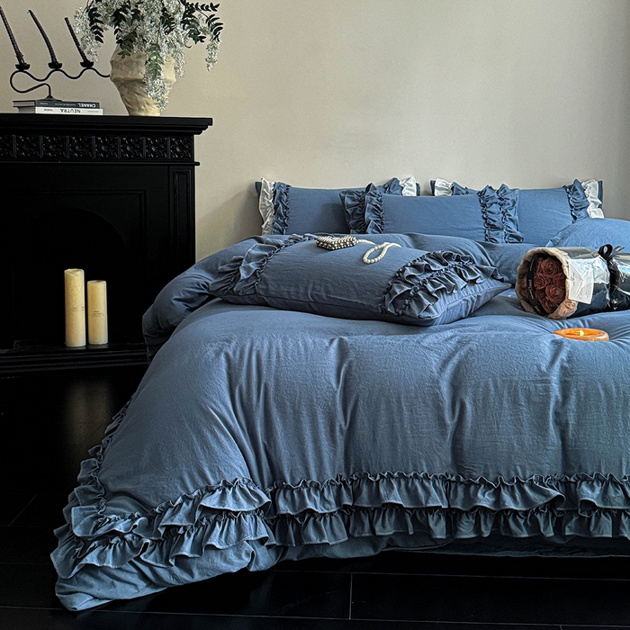 91家纺网 家纺一手货源 找家纺 缘生活 2025新款加厚水洗棉双层荷叶边四件套 双层荷叶边牛仔蓝