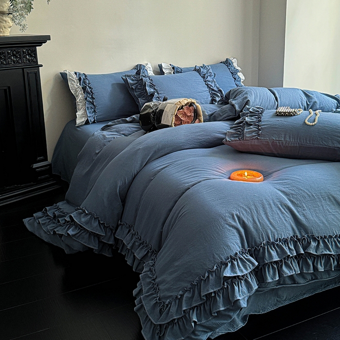 91家纺网 家纺一手货源 找家纺 缘生活 2025新款加厚水洗棉双层荷叶边四件套 双层荷叶边牛仔蓝