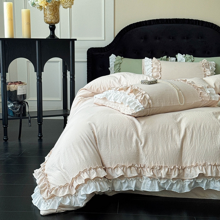 91家纺网 家纺一手货源 找家纺 缘生活 2025新款加厚水洗棉双层荷叶边四件套 双层荷叶边-卡其白