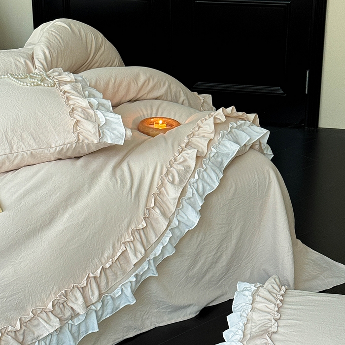 91家纺网 家纺一手货源 找家纺 缘生活 2025新款加厚水洗棉双层荷叶边四件套 双层荷叶边-卡其白