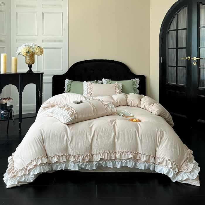 91家纺网 家纺一手货源 找家纺 缘生活 2025新款加厚水洗棉双层荷叶边四件套 双层荷叶边-卡其白