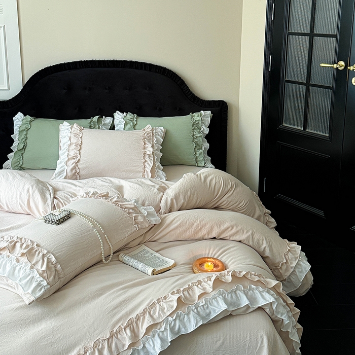 91家纺网 家纺一手货源 找家纺 缘生活 2025新款加厚水洗棉双层荷叶边四件套 双层荷叶边-卡其白