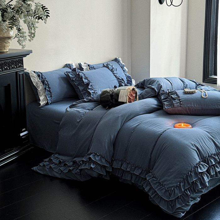 91家纺网 家纺一手货源 找家纺 缘生活 2025新款加厚水洗棉双层荷叶边四件套 双层荷叶边牛仔蓝