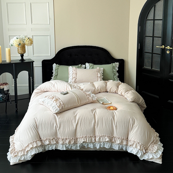 缘生活 2025新款加厚水洗棉双层荷叶边四件套 双层荷叶边-卡其白