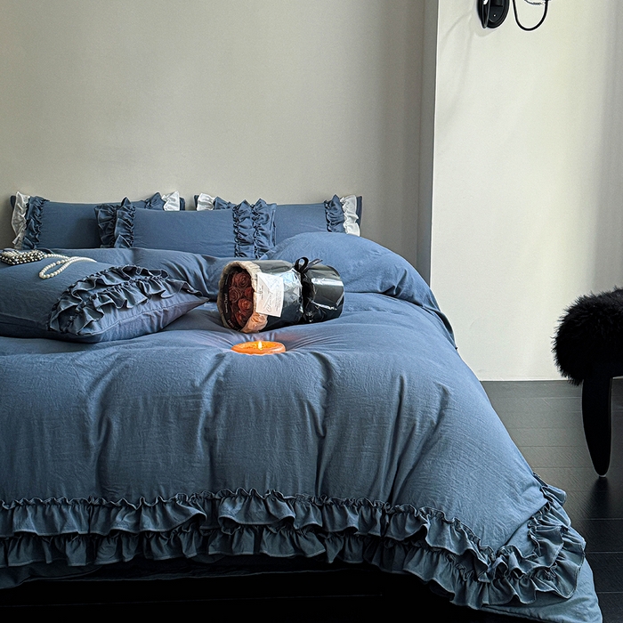 91家纺网 家纺一手货源 找家纺 缘生活 2025新款加厚水洗棉双层荷叶边四件套 双层荷叶边牛仔蓝