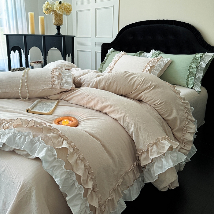 91家纺网 家纺一手货源 找家纺 缘生活 2025新款加厚水洗棉双层荷叶边四件套 双层荷叶边-卡其白