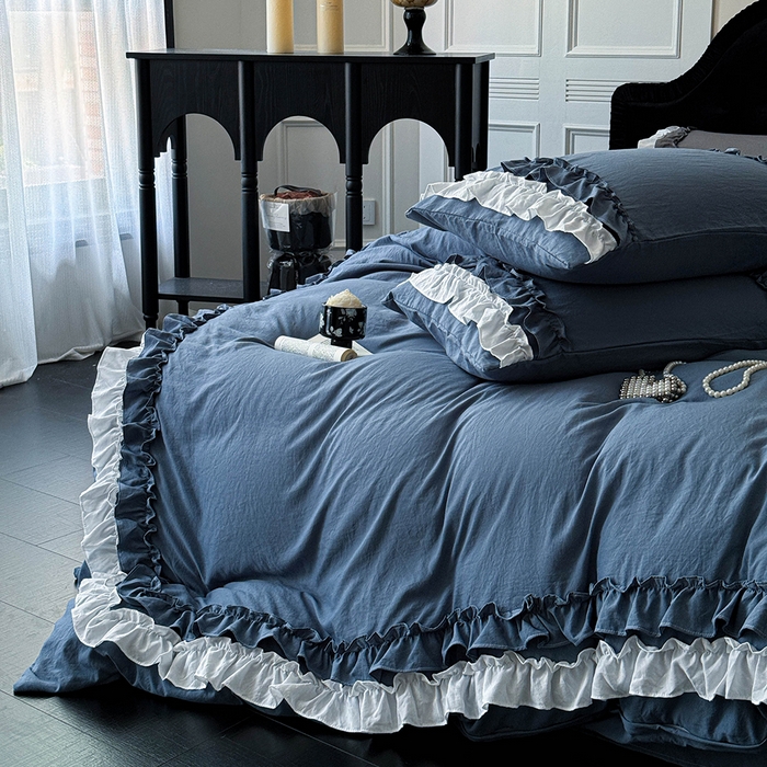 91家纺网 家纺一手货源 找家纺 缘生活 2025新款加厚水洗棉双层荷叶边四件套 双层荷叶边-蓝白