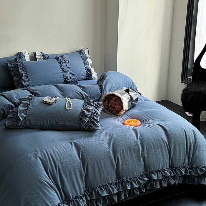91家纺网 家纺一手货源 找家纺 缘生活 2025新款加厚水洗棉双层荷叶边四件套 双层荷叶边牛仔蓝