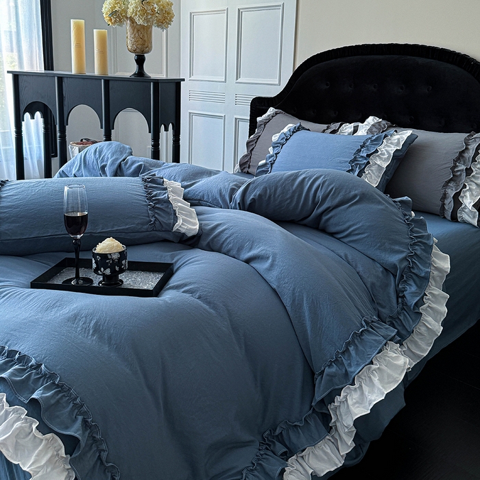 91家纺网 家纺一手货源 找家纺 缘生活 2025新款加厚水洗棉双层荷叶边四件套 双层荷叶边-蓝白