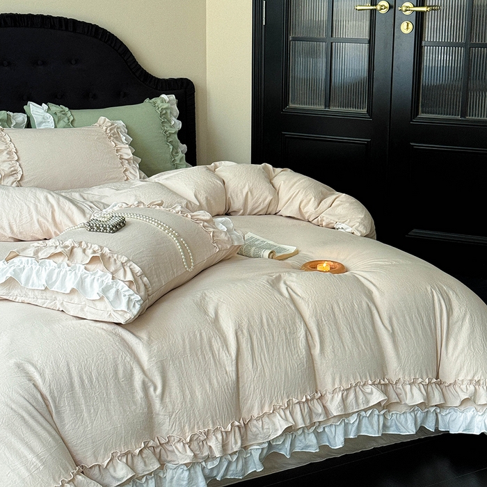 91家纺网 家纺一手货源 找家纺 缘生活 2025新款加厚水洗棉双层荷叶边四件套 双层荷叶边-卡其白