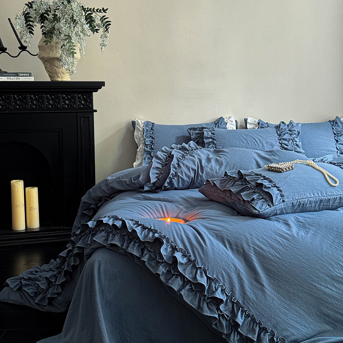 91家纺网 家纺一手货源 找家纺 缘生活 2025新款加厚水洗棉双层荷叶边四件套 双层荷叶边牛仔蓝