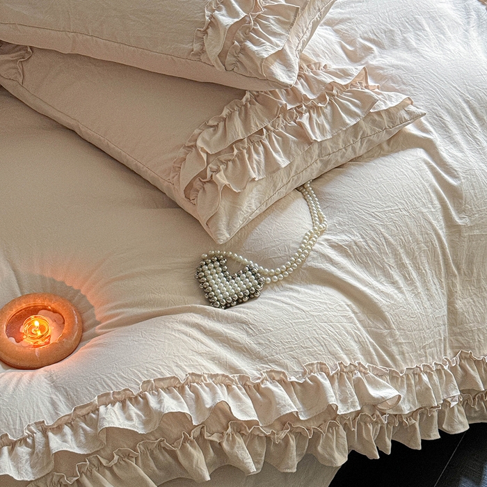 91家纺网 家纺一手货源 找家纺 缘生活 2025新款加厚水洗棉双层荷叶边四件套 双层荷叶边卡其