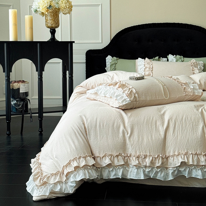 91家纺网 家纺一手货源 找家纺 缘生活 2025新款加厚水洗棉双层荷叶边四件套 双层荷叶边-卡其白