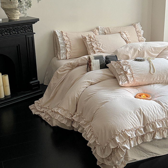 91家纺网 家纺一手货源 找家纺 缘生活 2025新款加厚水洗棉双层荷叶边四件套 双层荷叶边卡其