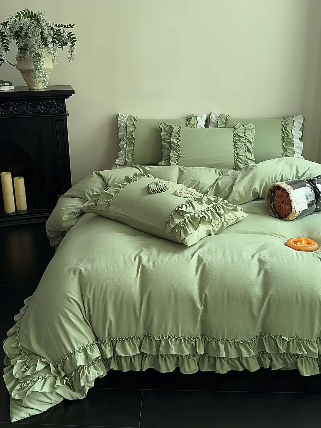 91家纺网 家纺一手货源 找家纺 缘生活 2025新款加厚水洗棉双层荷叶边四件套 双层荷叶边抹茶绿