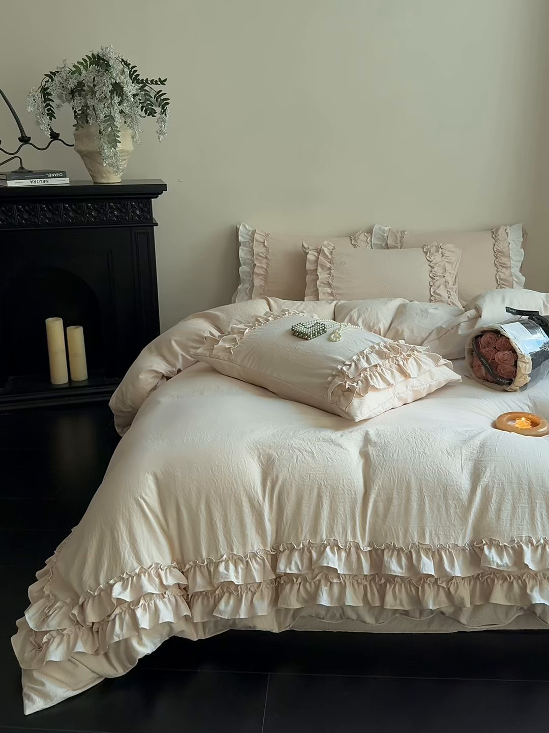 91家纺网 家纺一手货源 找家纺 缘生活 2025新款加厚水洗棉双层荷叶边四件套 双层荷叶边卡其