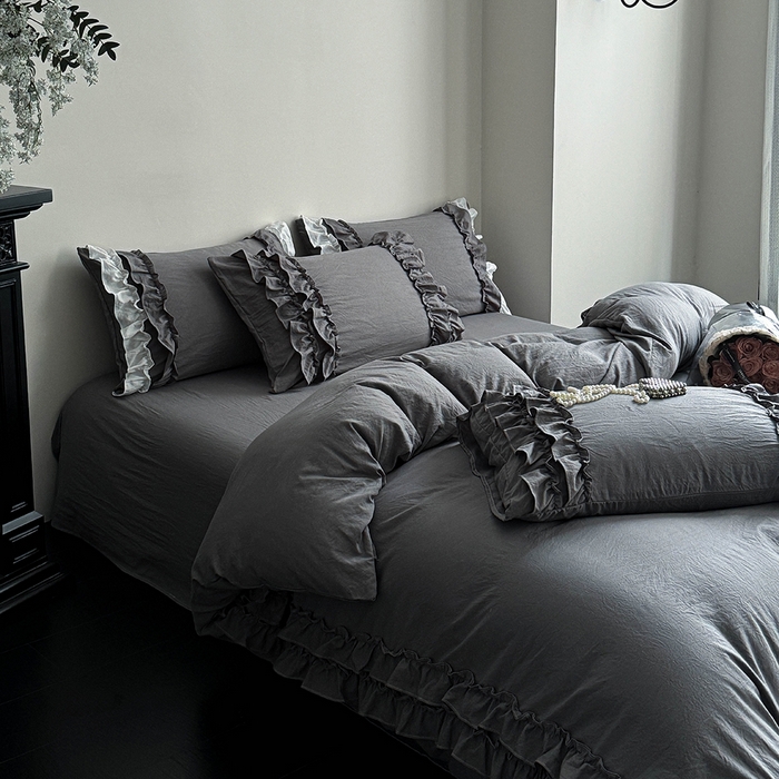 91家纺网 家纺一手货源 找家纺 缘生活 2025新款加厚水洗棉双层荷叶边四件套 双层荷叶边深灰