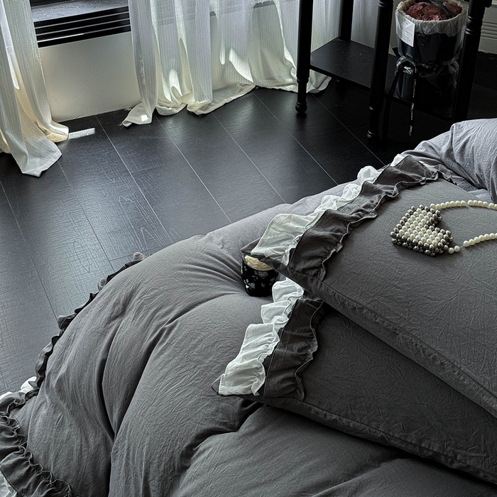 91家纺网 家纺一手货源 找家纺 缘生活 2025新款加厚水洗棉双层荷叶边四件套 双层荷叶边-深灰白