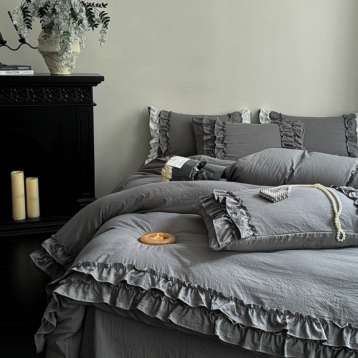 91家纺网 家纺一手货源 找家纺 缘生活 2025新款加厚水洗棉双层荷叶边四件套 双层荷叶边深灰