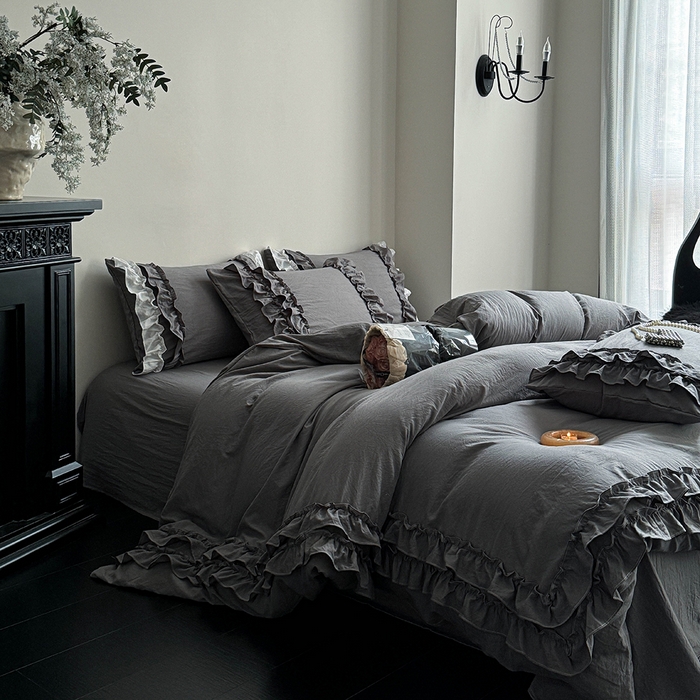 91家纺网 家纺一手货源 找家纺 缘生活 2025新款加厚水洗棉双层荷叶边四件套 双层荷叶边深灰