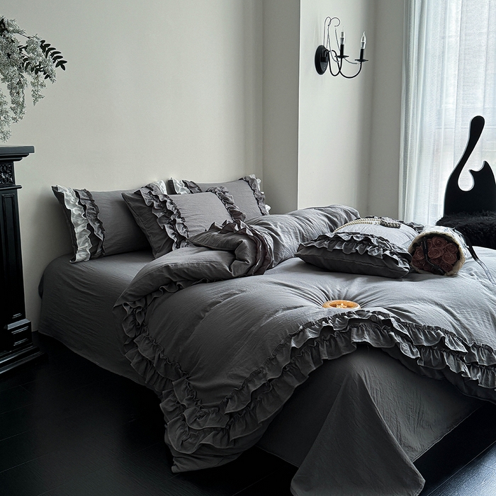 91家纺网 家纺一手货源 找家纺 缘生活 2025新款加厚水洗棉双层荷叶边四件套 双层荷叶边深灰