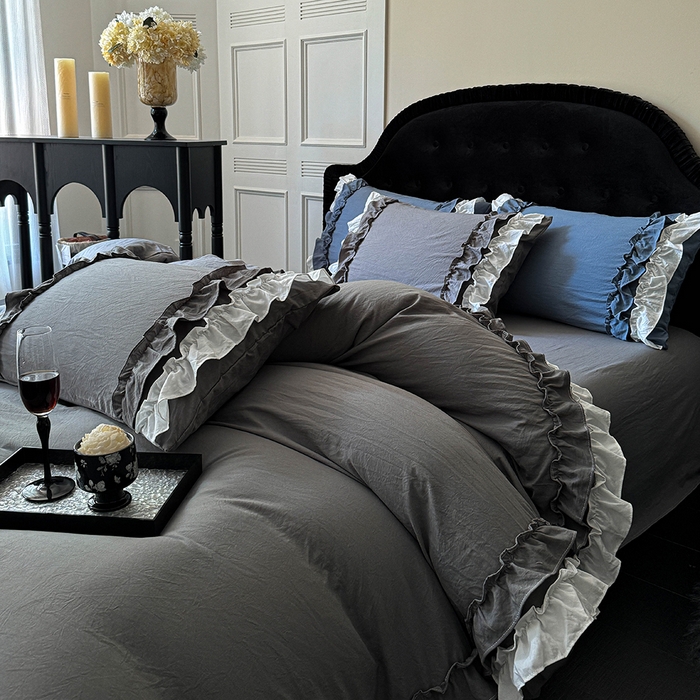 91家纺网 家纺一手货源 找家纺 缘生活 2025新款加厚水洗棉双层荷叶边四件套 双层荷叶边-深灰白