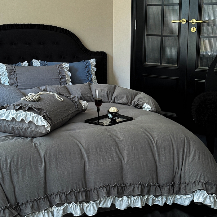 91家纺网 家纺一手货源 找家纺 缘生活 2025新款加厚水洗棉双层荷叶边四件套 双层荷叶边-深灰白