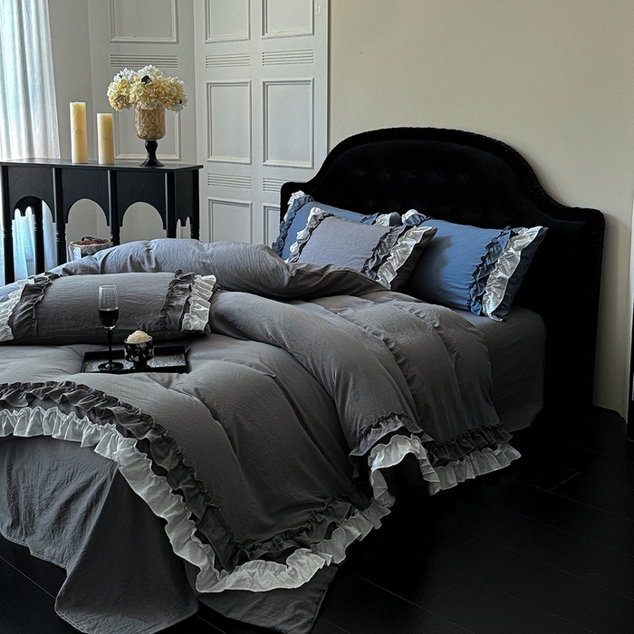 91家纺网 家纺一手货源 找家纺 缘生活 2025新款加厚水洗棉双层荷叶边四件套 双层荷叶边-深灰白