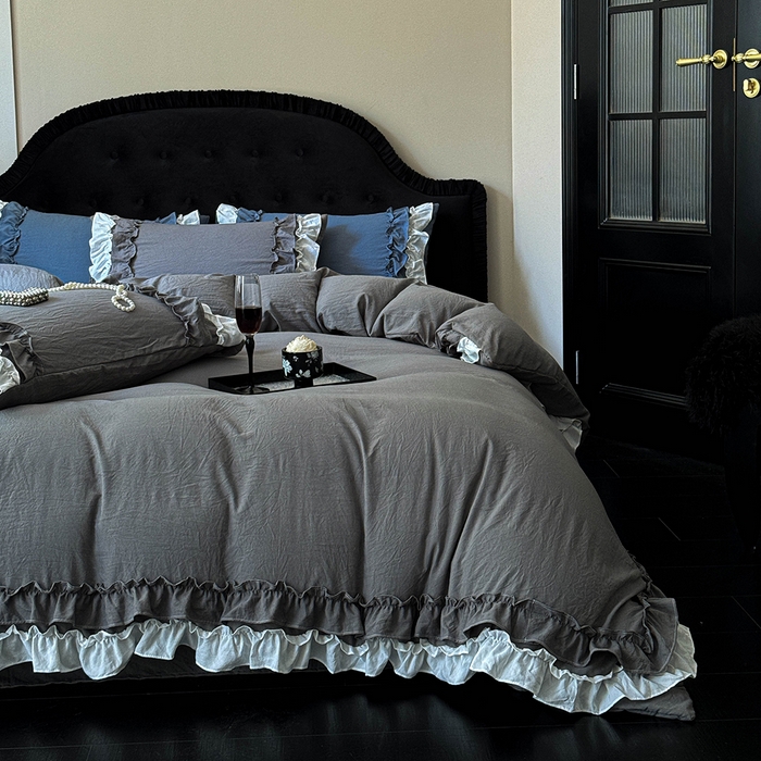 91家纺网 家纺一手货源 找家纺 缘生活 2025新款加厚水洗棉双层荷叶边四件套 双层荷叶边-深灰白