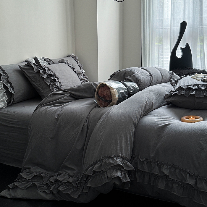 91家纺网 家纺一手货源 找家纺 缘生活 2025新款加厚水洗棉双层荷叶边四件套 双层荷叶边深灰