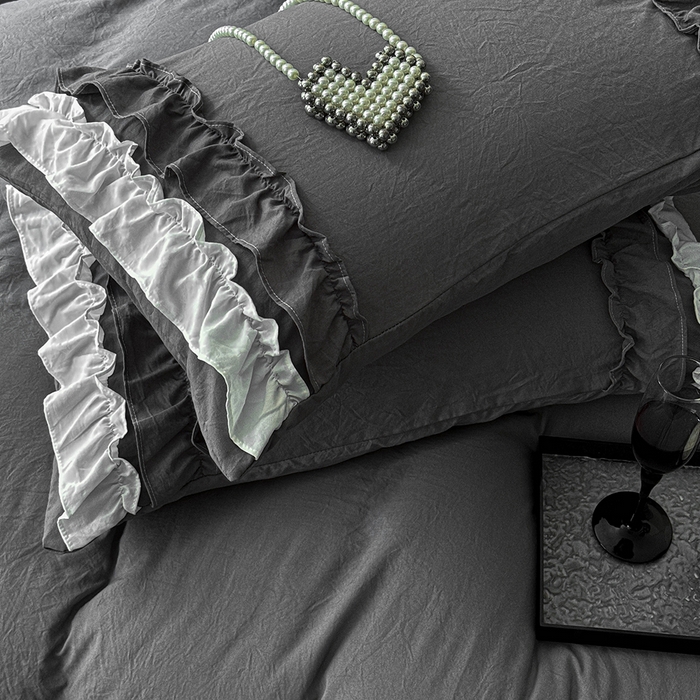 91家纺网 家纺一手货源 找家纺 缘生活 2025新款加厚水洗棉双层荷叶边四件套 双层荷叶边-深灰白