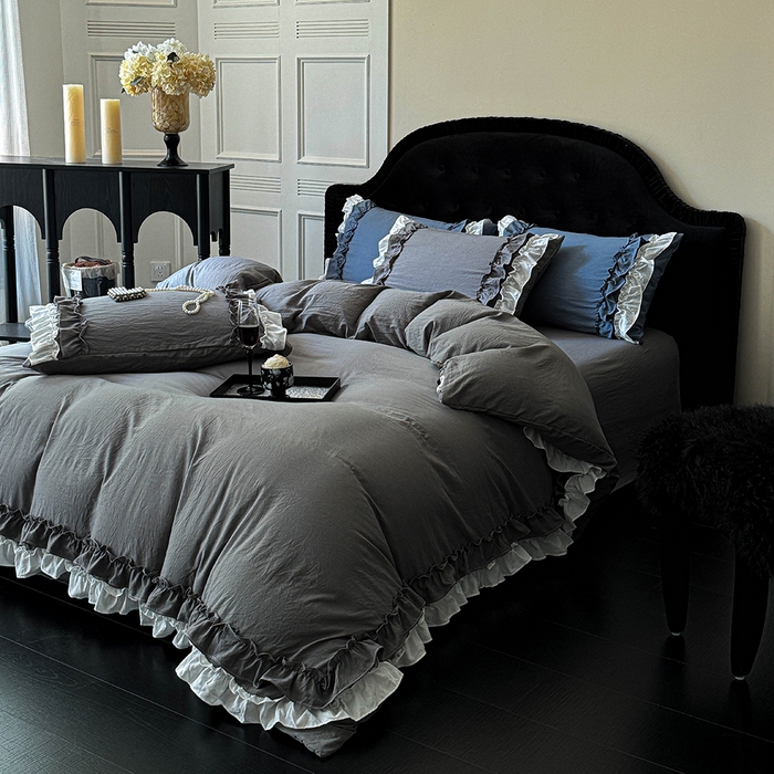 91家纺网 家纺一手货源 找家纺 缘生活 2025新款加厚水洗棉双层荷叶边四件套 双层荷叶边-深灰白