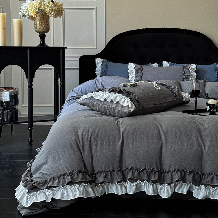 91家纺网 家纺一手货源 找家纺 缘生活 2025新款加厚水洗棉双层荷叶边四件套 双层荷叶边-深灰白
