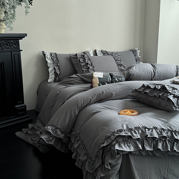 91家纺网 家纺一手货源 找家纺 缘生活 2025新款加厚水洗棉双层荷叶边四件套 双层荷叶边深灰