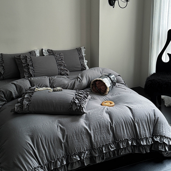 91家纺网 家纺一手货源 找家纺 缘生活 2025新款加厚水洗棉双层荷叶边四件套 双层荷叶边深灰