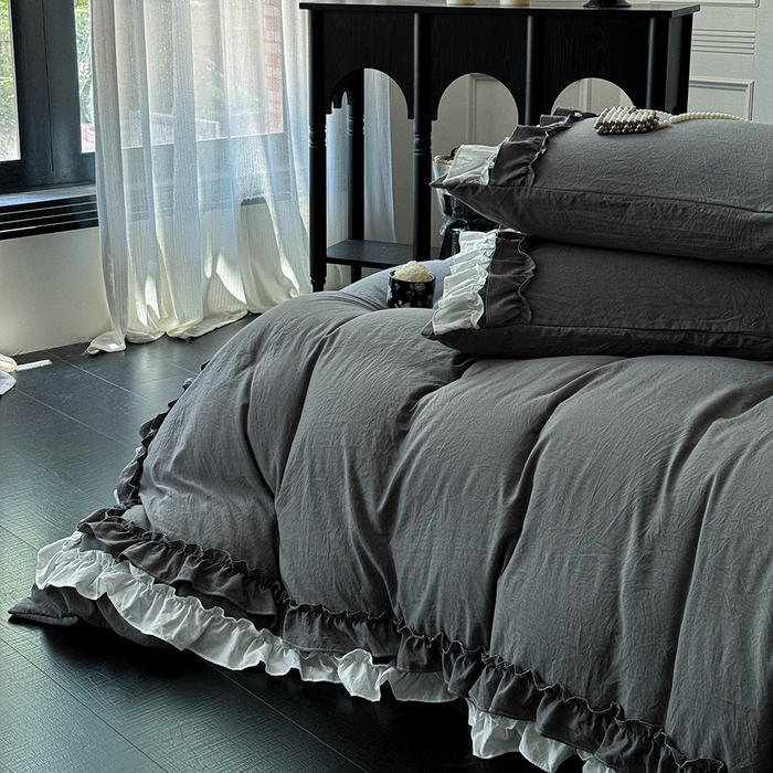 91家纺网 家纺一手货源 找家纺 缘生活 2025新款加厚水洗棉双层荷叶边四件套 双层荷叶边-深灰白