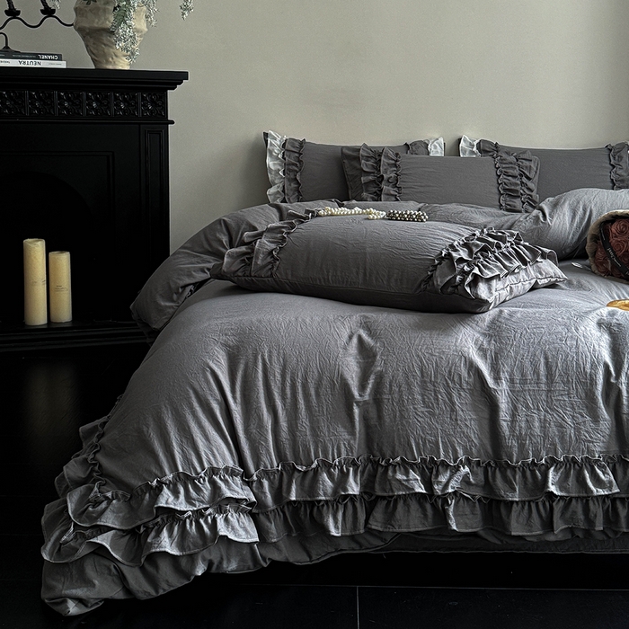 91家纺网 家纺一手货源 找家纺 缘生活 2025新款加厚水洗棉双层荷叶边四件套 双层荷叶边深灰