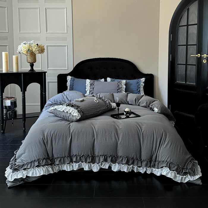 91家纺网 家纺一手货源 找家纺 缘生活 2025新款加厚水洗棉双层荷叶边四件套 双层荷叶边-深灰白