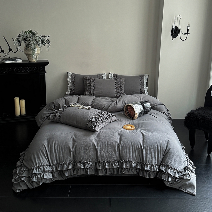 91家纺网 家纺一手货源 找家纺 缘生活 2025新款加厚水洗棉双层荷叶边四件套 双层荷叶边深灰
