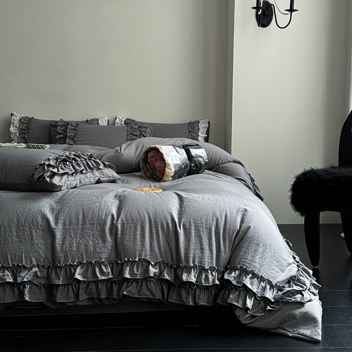 91家纺网 家纺一手货源 找家纺 缘生活 2025新款加厚水洗棉双层荷叶边四件套 双层荷叶边深灰